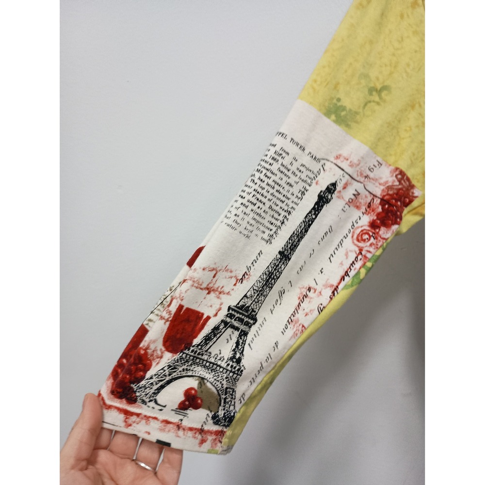 French Postcards Wearable Art Top Womens S Yellow Paris Eiffel Tower Sequin - Picture 8 of 11